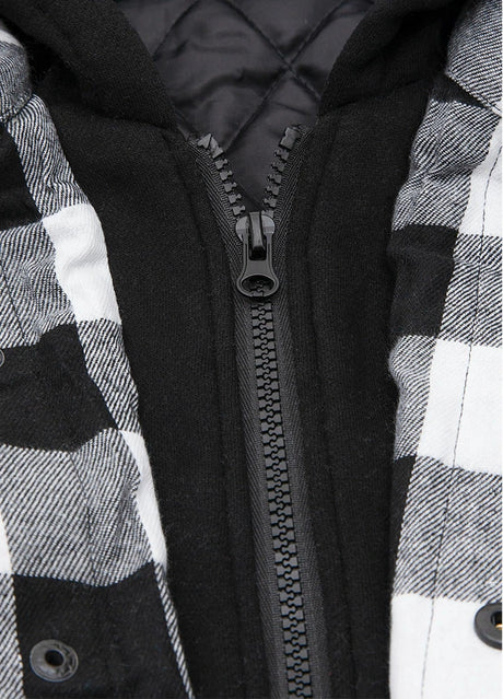 Close-up of the zipper of black white plaid men's plaid hooded flannel shirt jacket  