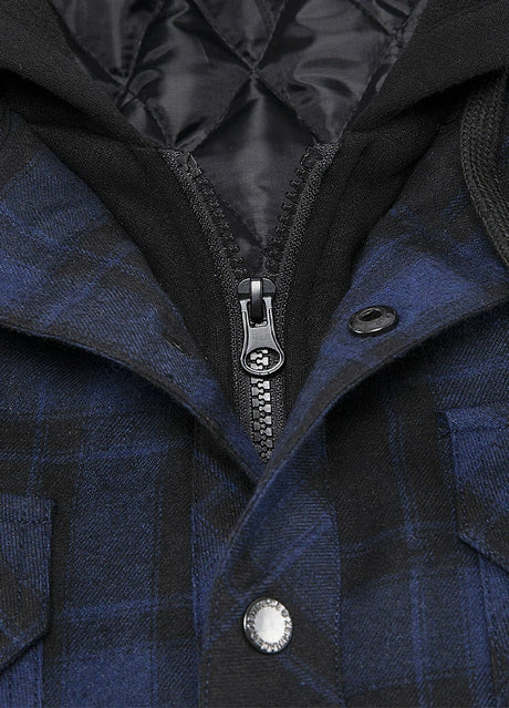 Close-up of the zipper and snap button of dark blue men's thicken plaid hooded flannel shacket