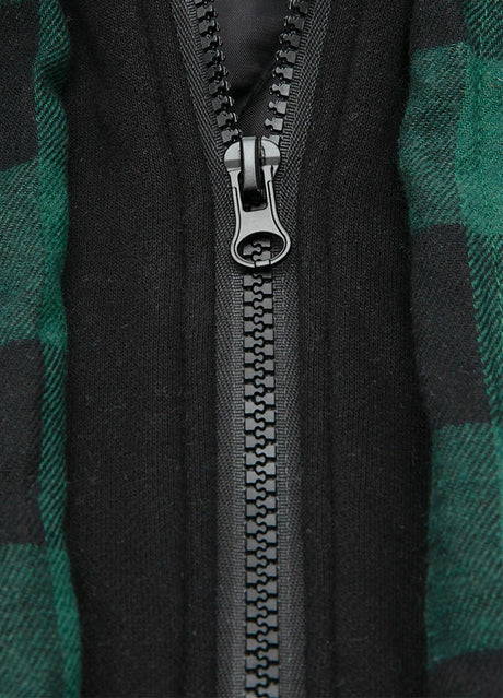 Close-up of the zipper of green buffalo plaid men's plaid hooded flannel shirt jacket  