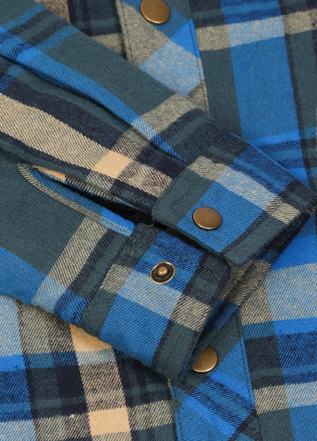 Close-up of cuff of bluescape men's hooded flannel jacket with quilted lining