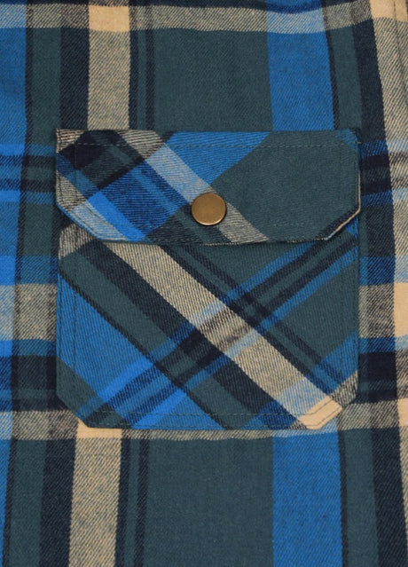 Close-up of the pocket of bluescape men's quilted lined plaid flannel shirt jacket