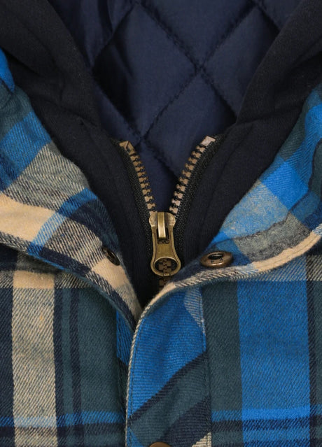 Close-up of the zipper of bluescape plaid men's plaid hooded flannel shirt jacket 