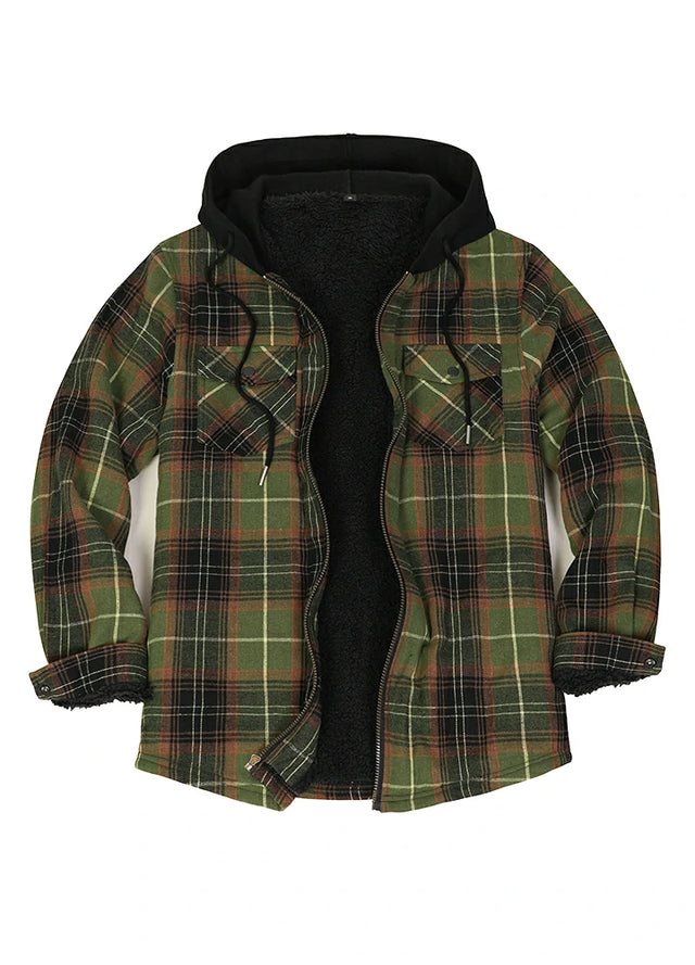 Men's Sherpa Lined Full Zip Up Plaid Flannel Hooded Jacket