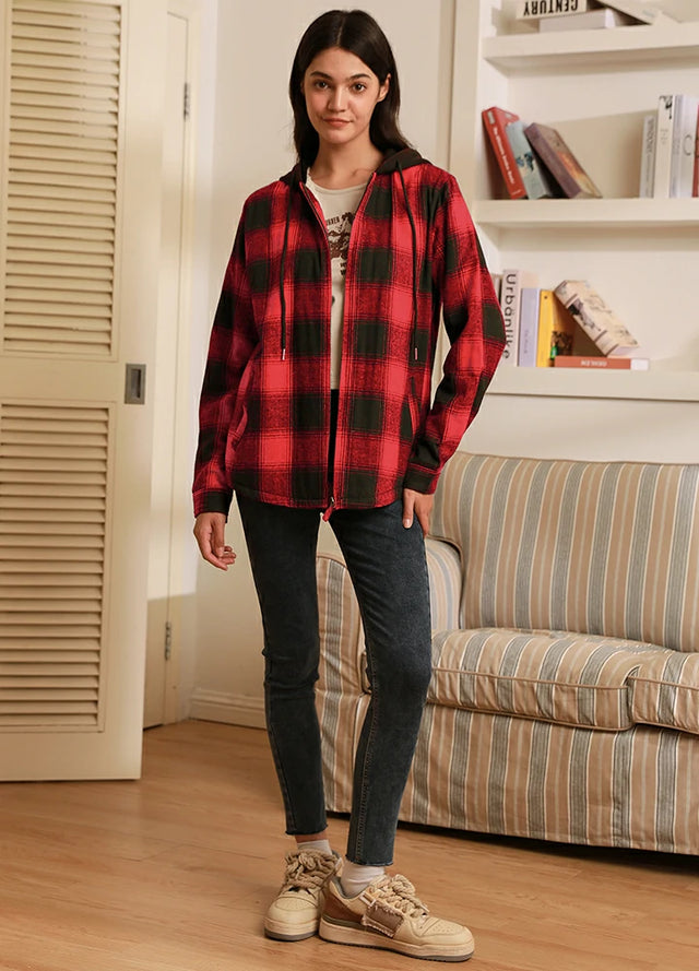 Women's Matching Family Red Sherpa-Lined Flannel Hoodie