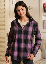 Women's Sherpa-Lined Full Zip Up Flannel Jacket with Fleece Hood