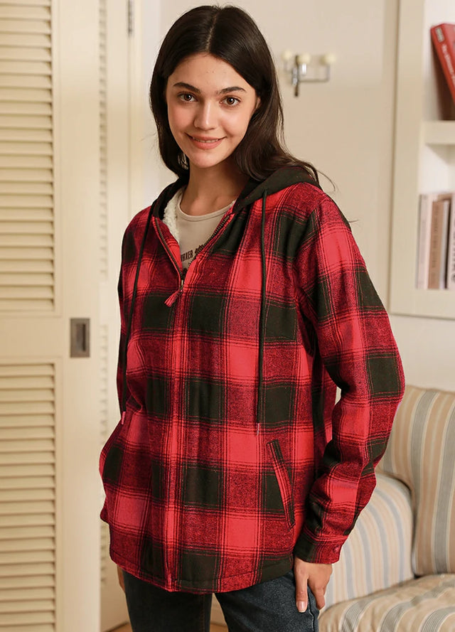 Women's Matching Family Red Sherpa-Lined Flannel Hoodie