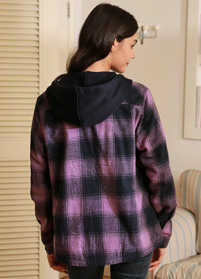 Women's Sherpa-Lined Full Zip Up Flannel Jacket with Fleece Hood