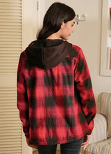 Women's Sherpa-Lined Full Zip Up Flannel Jacket with Fleece Hood