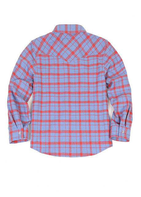 Back view of cornflower blue kid's long-sleeve western shirt