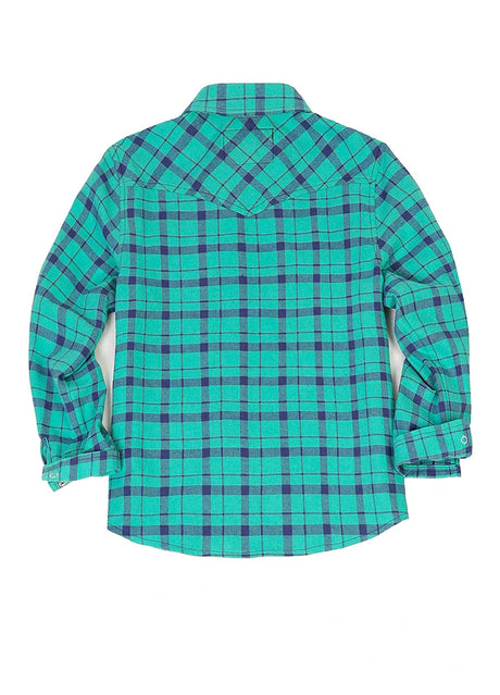 Back view of turquoise kid's long-sleeve western shirt