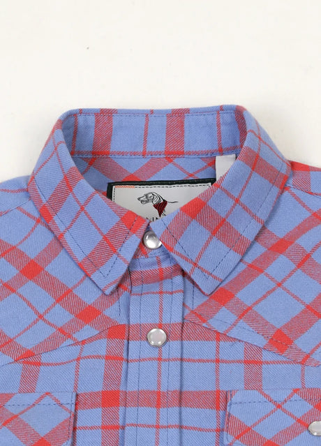 Detail of collar on kid's cornflower blue long-sleeve western shirt