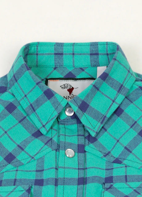 Detail of collar on kid's turquoise long-sleeve western shirt