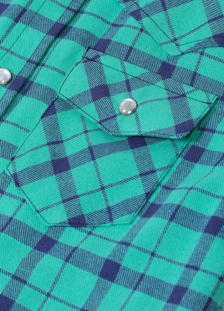 Detail of kid's turquoise long-sleeve western shirt pocket with button