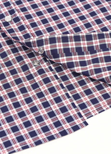 Close-up of the snap button of navyberry men's timeless western short sleeve shirt 