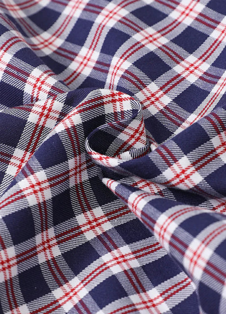 Detailed view of the fabric of navyberry plaid short sleeve shirt for men