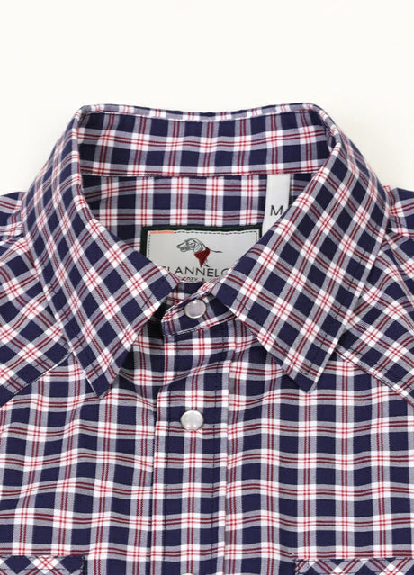 Close-up of the lapel of a navyberry men's cozy western short sleeve shirt 