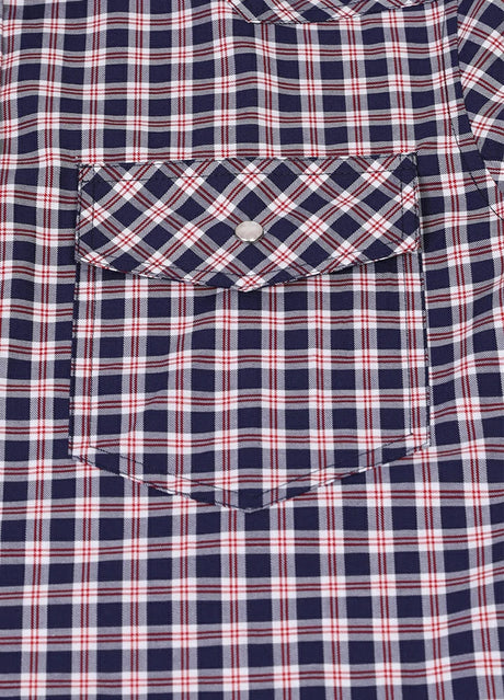 Close-up of the pocket of navyberry men's timeless short sleeve shirt with chest pockets