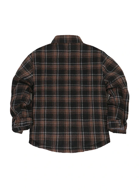 Back view of kid's chestnut quilted lined plaid shirt jacket