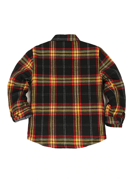 Back view of kid's night yellow quilted lined plaid shirt jacket