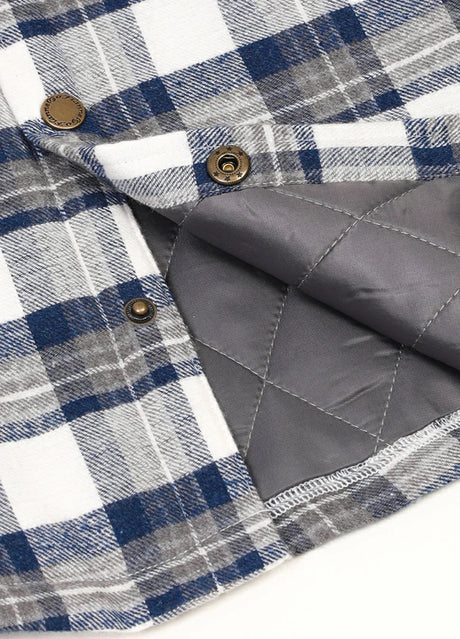 Detail of kid's azure mist plaid shirt jacket with snap button