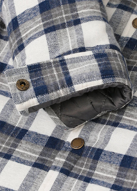 Detaied view of cuffs with snap button on kid's azure mist plaid shirt jacket