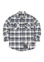 Front view of kid's azure mist quilted lined plaid shirt jacket buttoned