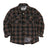 Front view of kid's chestnut quilted lined plaid shirt jacket buttoned