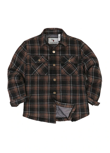 Front view of kid's chestnut quilted lined plaid shirt jacket buttoned