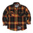 Front view of kid's night yellow quilted lined plaid shirt jacket buttoned