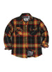 Front view of kid's night yellow quilted lined plaid shirt jacket buttoned