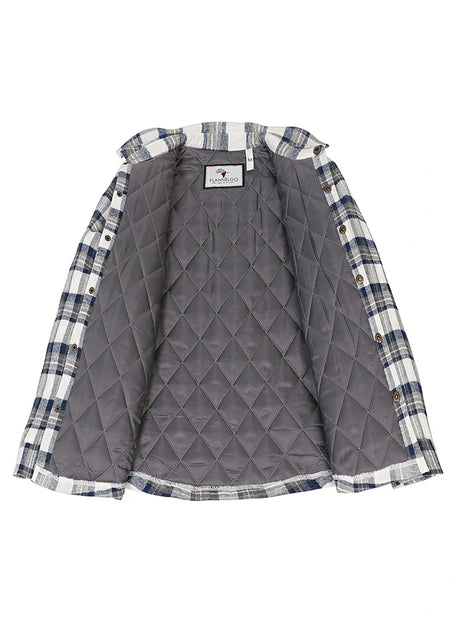 Close-up of quilted lined on kid's azure mist plaid shirt jacket