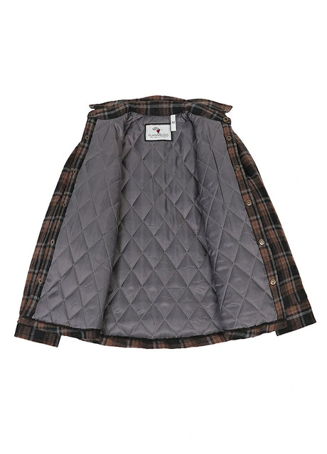 Quilted lined detail on kid's chestnut plaid shirt jacket