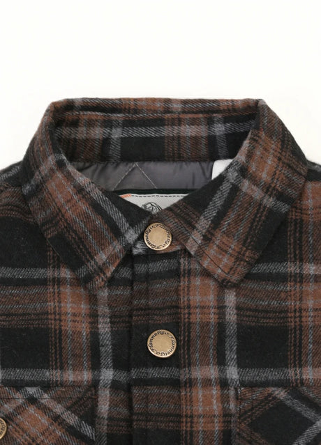 Close-up of the collar on kid's chestnut plaid flannel jacket