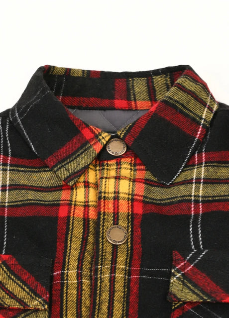 Close-up of the collar on kid's night yellow plaid flannel jacket