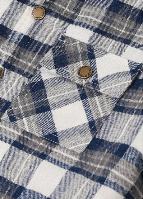 Detailed view of pocket with button on kid's plaid shirt jacket