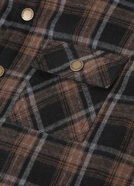 Detail of pocket with button on kid's chestnut insulated flannel jacket