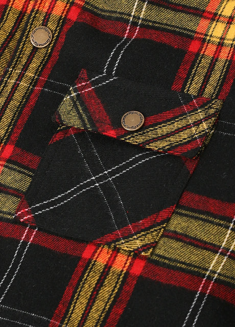 Detail of pocket and stitching on kid's plaid shirt jacket