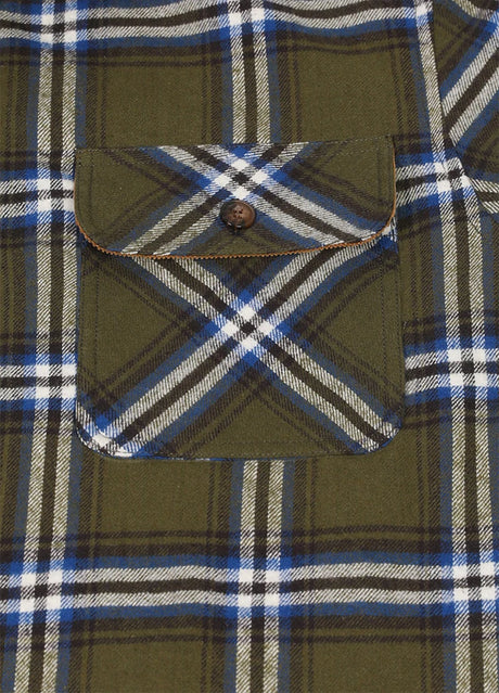 Close-up of the pocket of army green men's midweight plaid flannel shirt