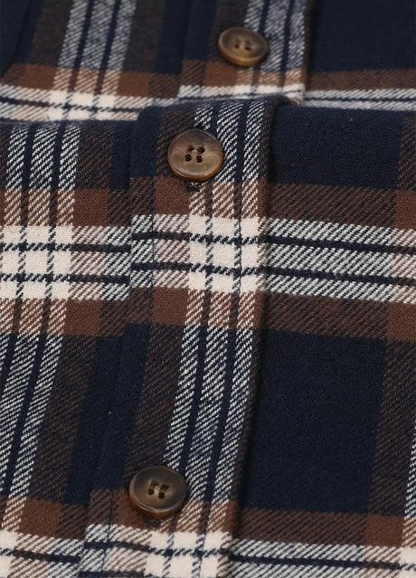 Close-up of the button of navy coffee midweight flannel shirt for men