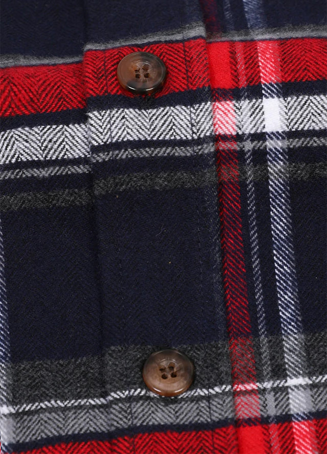 Close-up of the button of navy red midweight flannel shirt for men