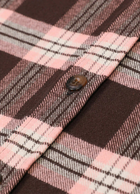 Close-up of the button of pink coffee midweight flannel shirt for men