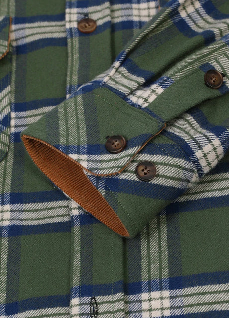 Close-up of the cuff of hunter green men's cozy midweight flannel shirt 