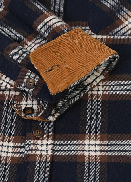 Close-up of the cuff of navy coffee men's cozy midweight flannel shirt 