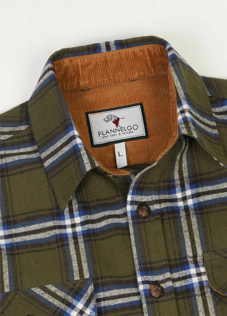 Close-up of the lapel of army green men's timberline flannel shirt 