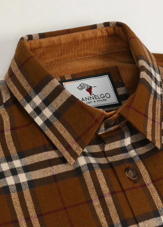 Close-up of the lapel of brown men's timberline flannel shirt 