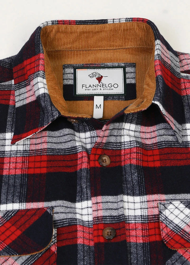 Close-up of the lapel of indigo red men's timberline flannel shirt 