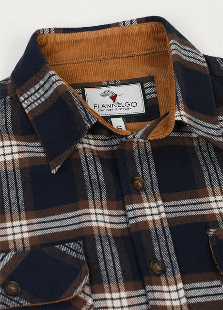 Close-up of the lapel of navy coffee men's timberline flannel shirt 