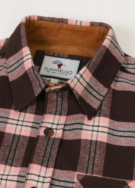 Close-up of the lapel of pink coffee men's timberline flannel shirt 