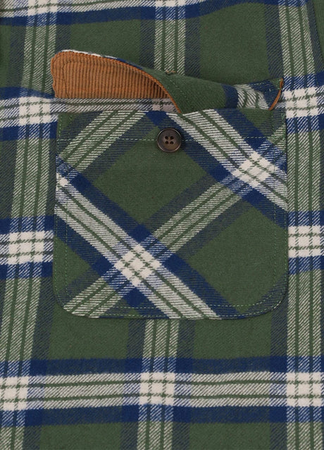 Close-up of the pocket of hunter green men's midweight plaid flannel shirt