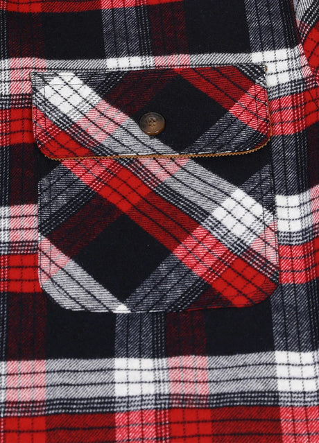 Close-up of the pocket of indigo red men's midweight plaid flannel shirt